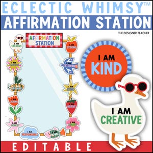 Puede incluir: Un kit Eclectic Whimsy Affirmation Station con un marco de espejo rectangular decorado con iconos coloridos y frases positivas como I Am Creative, I Am Strong, I Am Determined, I Am Kind, I Am Brave, I Am Smart, I Am Capable, I Am Responsible, I Am Honest, I Am Caring, I Am Growing e I Am Curious.