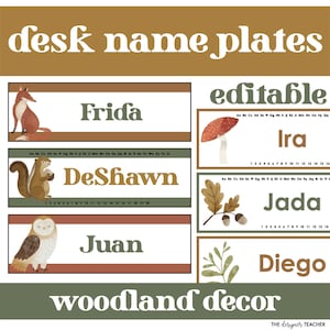 Boho Watercolor Woodland Forest Nature Editable Classroom Decor Desk Plates Student Name Tags