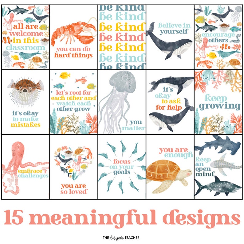 May include: A set of 15 printable posters featuring ocean-themed illustrations and positive affirmations. The posters include phrases like "You are enough", "Keep growing", and "It's okay to make mistakes".