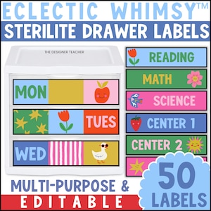 May include: A white three-drawer plastic storage unit featuring colorful labels with text including MON, TUES, WED, READING, MATH, SCIENCE, CENTER 1, and CENTER 2. The labels display various graphic icons like an apple, flower, bird, strawberry, duck, and sun.