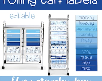 Editable Classroom Rolling Cart Labels and Organizers | Blue Watercolor Templates for Teacher 10 Drawer 12 Drawer Trolley