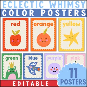 Puede incluir: Un conjunto de 11 pósteres educativos titulados ECLECTIC WHIMSY COLOR POSTERS. Cada póster presenta un borde festoneado y una ilustración central con el nombre de un color, incluyendo una manzana roja, una fruta naranja, una estrella amarilla, una rana verde, un pájaro azul y una cara morada.