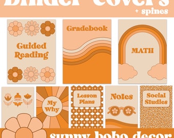 May include: Nine printable binder covers with a boho theme in orange, brown, and cream colors. The covers feature various designs including flowers, rainbows, and geometric patterns. The text on the covers includes "Guided Reading", "Gradebook", "MATH", "My Why", "Lesson Plans", "Notes", and "Social Studies".