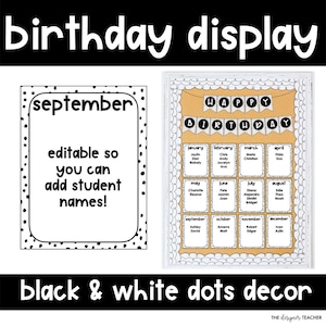 Bearbeitbare Geburtstagskarte für das Klassenzimmer und Pinnwandanzeige | Black & White Neutral Boho Dalmatiner Dots Studentenwand Posters druckbares Zeichen