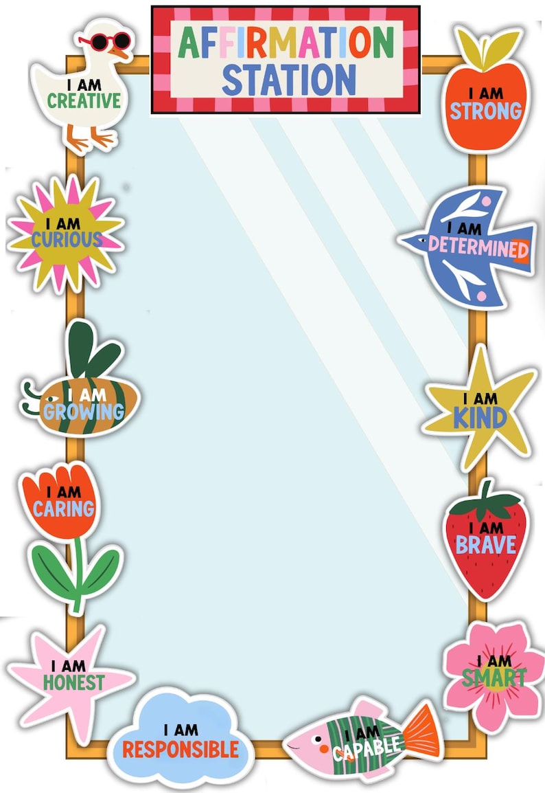 May include: A rectangular mirror with a yellow frame featuring the text AFFIRMATION STATION at the top. The border is decorated with colorful cutouts including a duck, apple, sun, bird, star, strawberry, flower, cloud, and fish with text.