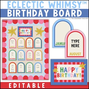 May include: An editable birthday board display featuring a large rectangular chart with twelve arched month labels, each containing names. The design includes red and pink scalloped borders, yellow stars, and a sign reading HAPPY BIRTHDAY.