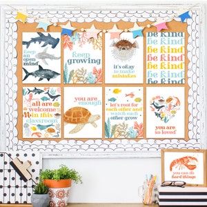 May include: A set of eight colorful printable posters with ocean-themed illustrations and positive messages. The posters feature a variety of sea creatures, including a sea turtle, a pufferfish, a shark, and an octopus. The messages include "Keep growing", "You are enough", "Let's root for each other", "All are welcome in this classroom", "Keep an open mind", "You are so loved", "It's okay to make mistakes", and "Be kind".