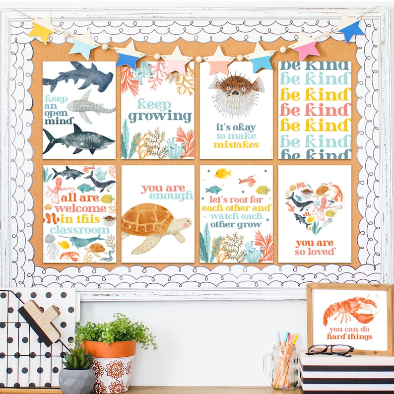 May include: A set of eight colorful printable posters with ocean-themed illustrations and positive messages. The posters feature a variety of sea creatures, including a sea turtle, a pufferfish, a shark, and an octopus. The messages include "Keep growing", "You are enough", "Let's root for each other", "All are welcome in this classroom", "Keep an open mind", "You are so loved", "It's okay to make mistakes", and "Be kind".