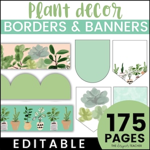 Plant Theme Editable Letter Banner Pennants & Bulletin Board Borders | Botanical Pastel Classroom School Decor Printable Template