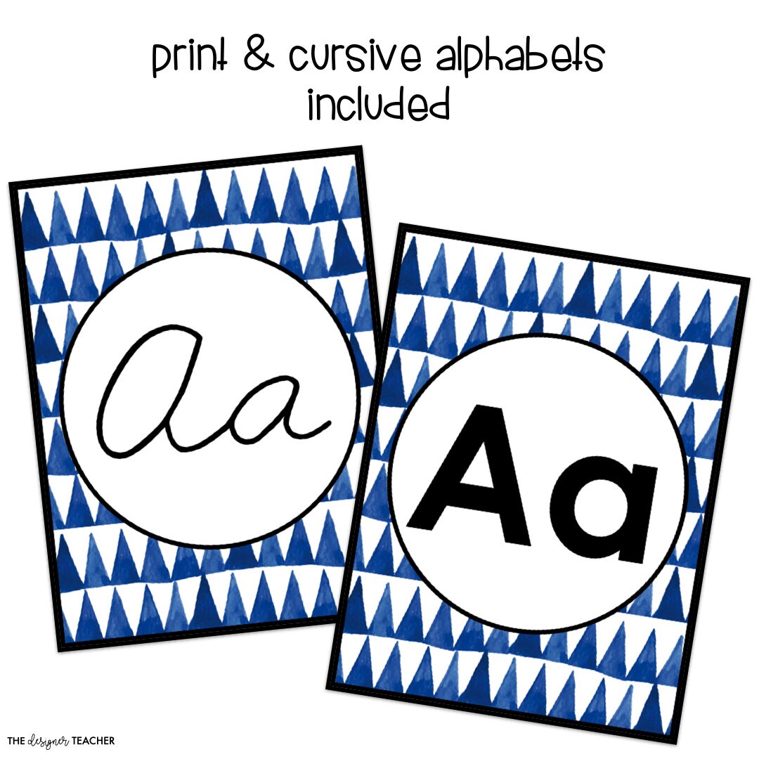 Classroom Alphabet Posters: Print, Cursive & Phonics Picture Cues Blue ...