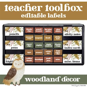 Editable Teacher Toolbox Labels with Boho Woodland Theme | Forest Nature School Supply Tool Box Download for Classroom