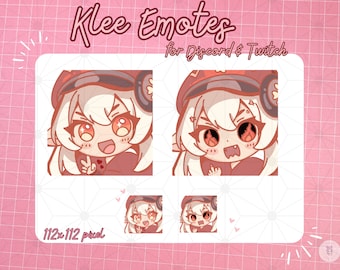 May include: Four digital emotes featuring a cartoon character with blonde hair, red eyes, and a red hat. The character is making different expressions, including smiling, winking, and sticking out their tongue. The emotes are 112x112 pixels and are labeled "Klee Emotes for Discord & Twitch".