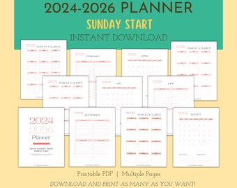 2024-2026 Calendar INSTANT DOWNLOAD l US letter size l Monthly Pages l Sunday Start l Printable l  Pink TPH002