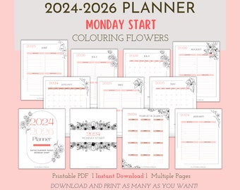 2024-2026 Calendar l Coloring l Flowers l INSTANT DOWNLOAD l US letter size l Monthly Pages l Monday Start l Printable l  Pink TPH013