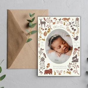 Anuncio de nacimiento de criatura del bosque / Plantilla editable / Tarjeta de anuncio de bebé con foto / Recién nacido / Lindo / Descarga instantánea / Niña / Niño