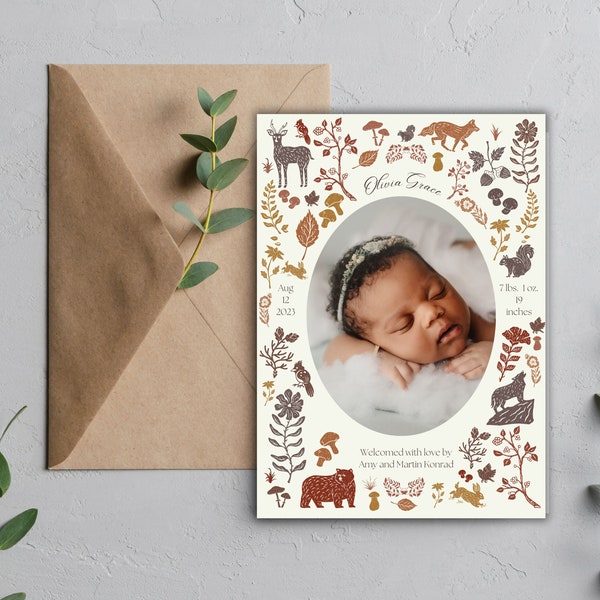 Woodland Creature Birth Announcement | Editable Template | Photo Baby Announcement Card | Newborn | Cute | Instant Download | Girl | Boyy