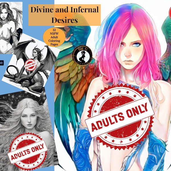 Libro para colorear con temática adulta "Deseos divinos e infernales", 32 páginas imprimibles sin censura (descarga digital) solo para adultos.