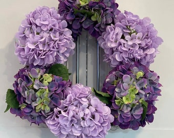 Silk Hydrangea Wreath, 18in Luxury Blue or purple