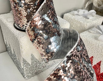 Sequins Silver and Rose Gold Wired Christmas Ribbon, 4W x 5 Yards