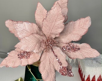 Pink Old Rose Velvet Glittered Poinsettia Christmas Stem Spray 14''