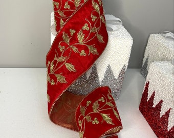 Christmas Red Velvet Embroidery Brocade Ribbon