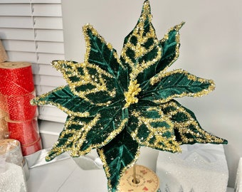Green and Gold Glittered Poinsettia Christmas Stem Spray 13''