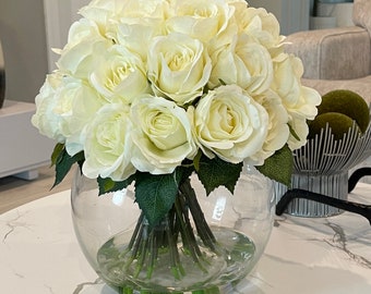 White Roses in Faux Water Glass Vase for Home, Office, Weddings, Event & Tabletop Decor Accent