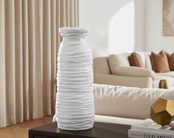 16" Ivory Matte Ceramic Vase, Horizontal Ribbed Texture, Modern Minimalist Decorative Floor or Table Vase