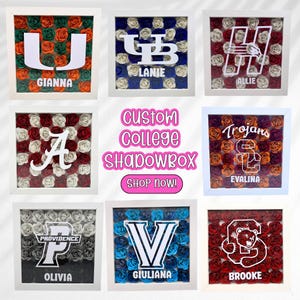 May include: Nine shadow boxes with custom college logos and names. Each box is filled with paper roses in the school's colors. The boxes are arranged in a grid with the text "Custom College Shadowbox" and "Shop Now!" in the center.