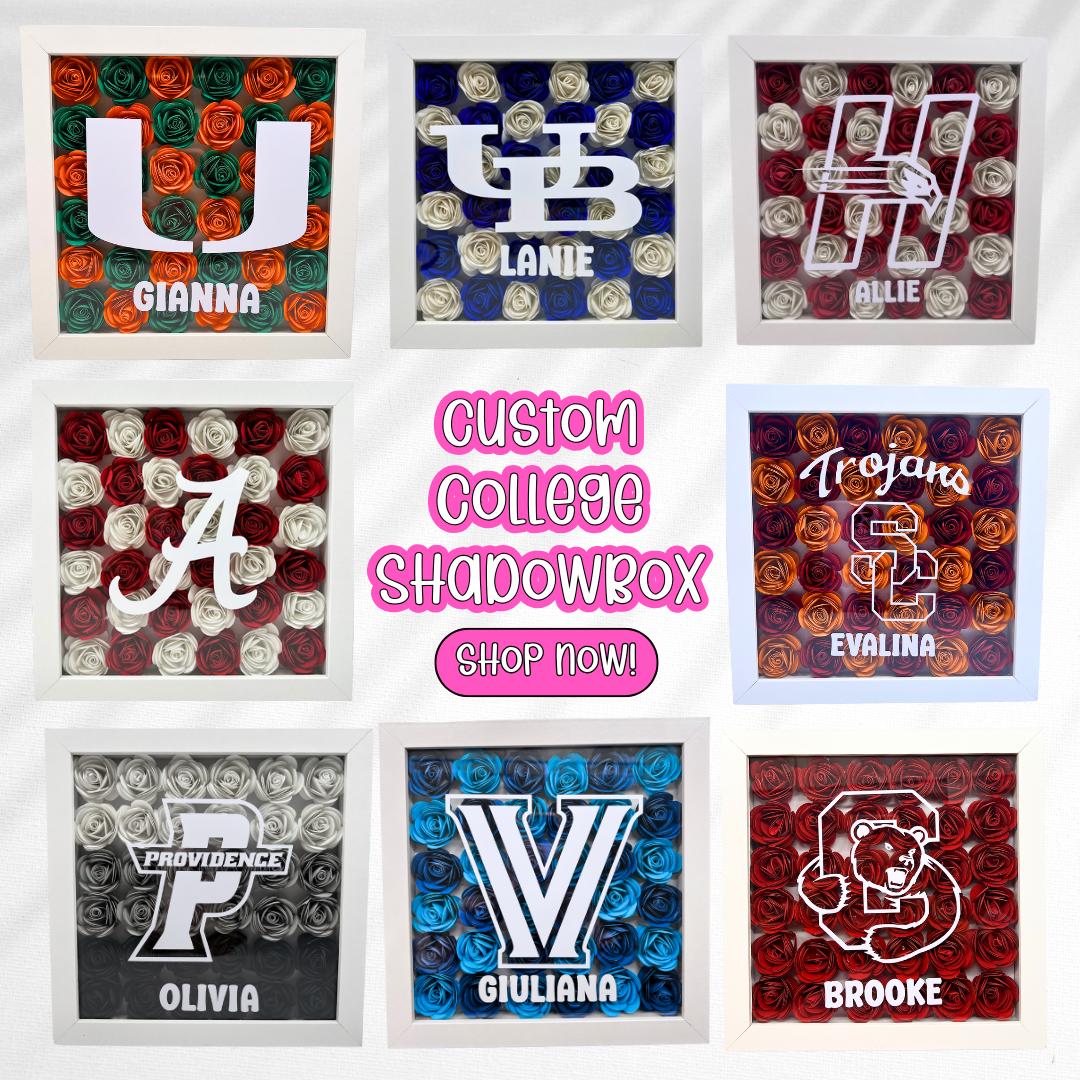 Custom College Shadowbox - Flower Shadow Box - Graduation Gifts - College Acceptance, High School Graduation, Decision Day Gift - Bed Party