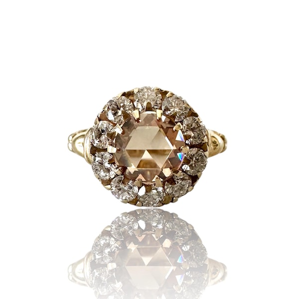 Vintage Victorian 10k Yellow Gold Light Brown Rose Cut and Lab Diamond Halo Ring IGI Certified Original Patina