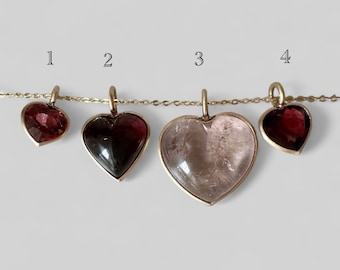 Ready to Ship Natural Tourmaline Rhodolite Garnet Cabochon Faceted Heart Pendant 14k matte yellow gold