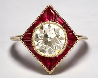 Art Deco Ruby Ring: 14k Yellow Gold, 1.04 Carat Lab Diamond