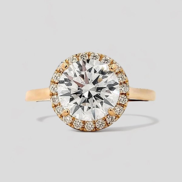 Ready to Ship 2.25 CTW Lab Grown Round Brilliant Diamond Halo Engagement Ring in 14k Yellow Gold IGI Certified