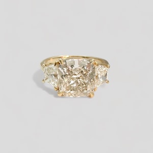Ready to Ship 5.13 Carat 3 Stone Lab Grown Cushion and Trapezoid Diamond Engagement Ring 14k Yellow Gold IGI Certified