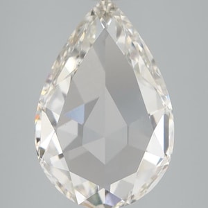 May include: A clear, pear-shaped diamond with multiple facets. The gemstone is colorless and reflects light, creating a brilliant sparkle. The diamond is suspended against a neutral background, highlighting its shape and clarity.