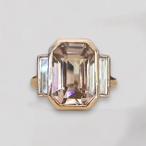 Ready to Ship 7.87 Carat Bezel Set Emerald Cut Natural Champagne Zircon Sri Lanka Lab Diamond Baguettes Engagement Ring in 14k Yellow Gold