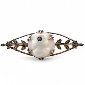 May include: A gold brooch with a cameo of a woman's profile set in a white shell. The brooch is decorated with small pearls and a single black diamond.