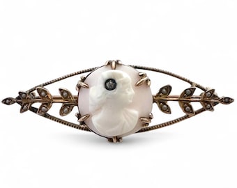 Antique Vintage 10k Yellow Gold Cameo Brooch Pin w/ Seed Pearls and Old Cut Diamond Original Finish and Patina