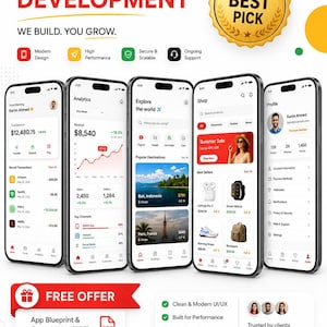Könnte beinhalten: Eine Werbegrafik für BuildWithKarim Mobile-App-Entwicklungsdienste mit fünf Smartphone-Bildschirmen, die App-Oberflächen zeigen, einem goldenen Best Pick-Siegel sowie Symbolen für React Native, Flutter, Kotlin, Swift, Firebase und Node.js-Technologien.