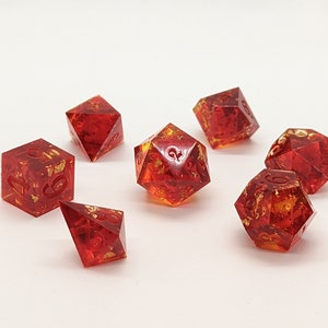 Crystal Clear Red and Yellow Dice Set with Gold Foil Inclusions - 7 Polyhedral Dice - Crystal D4 - Dungeons and Dragons - DND - Fire Dice