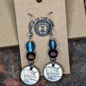 The Genuine 10-Pesewas Coin Earrings &quot;Penning Wisdom&quot; with iridescent glass and wood beads, A great gift thats handmade and unique