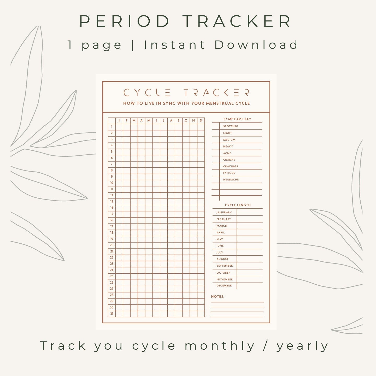 Printable Period Tracker, Menstrual Cycle, Symptom Tracker (digital ...