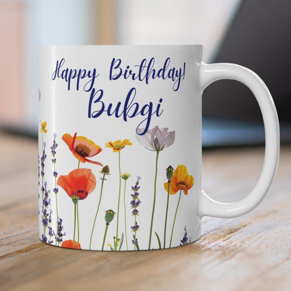 Personalized Happy Birthday Bubgi: 11oz Add your name.  Beautiful pressed water color flowers.  BOHO Birthday gift. Custom gift.  (5)