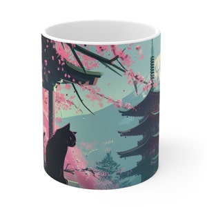 Kimono Kitten Mug #4of6: 11oz Mug Anime Inspired - Sakura Cat, Zen Kawaii Art with Cherry Tree, Anime-Style Coffee Cup