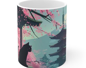Kimono Kitten Mug #4of6: 11oz Mug Anime Inspired - Sakura Cat, Zen Kawaii Art with Cherry Tree, Anime-Style Coffee Cup