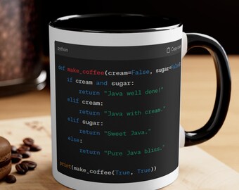 May include: A white coffee mug with a black handle and a black rim. The mug features a black and white image of Python code with the text "def make_coffee(cream=False, sugar=False".
