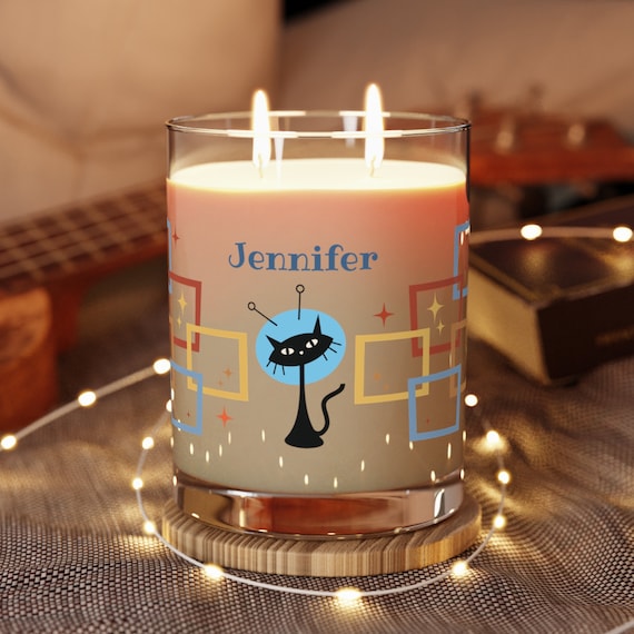 Personalisierte Atomic Black Kätzchen Kerze | Vollglas: 11 Unzen zwei Dochte | Mid Century Modern Design | Benutzerdefinierter Name | MCM Space Cat | Wohndekor