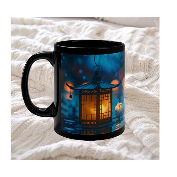 Tasse lanterne japonaise : 11 oz Flux enchanté lueur nocturne, art asiatique, kawaii, cadeau de voyage, amateur de café et de thé, bougie luminescente, cadeau serein