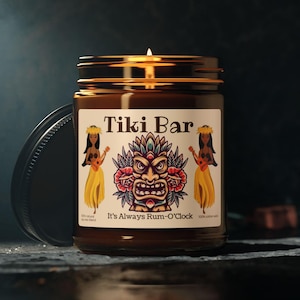 Tiki Bar Candle!  | Rum O&#39;clock | 9oz | Tiki Hawaii Theme | Tiki god | Mid Century Modern | Gift for her, him | Hula Girl | Brown Glass Jar